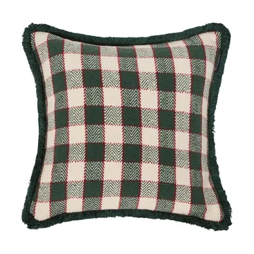 Housse de coussin Checked organic cotton fringe - Green-light beige-red - Lexington