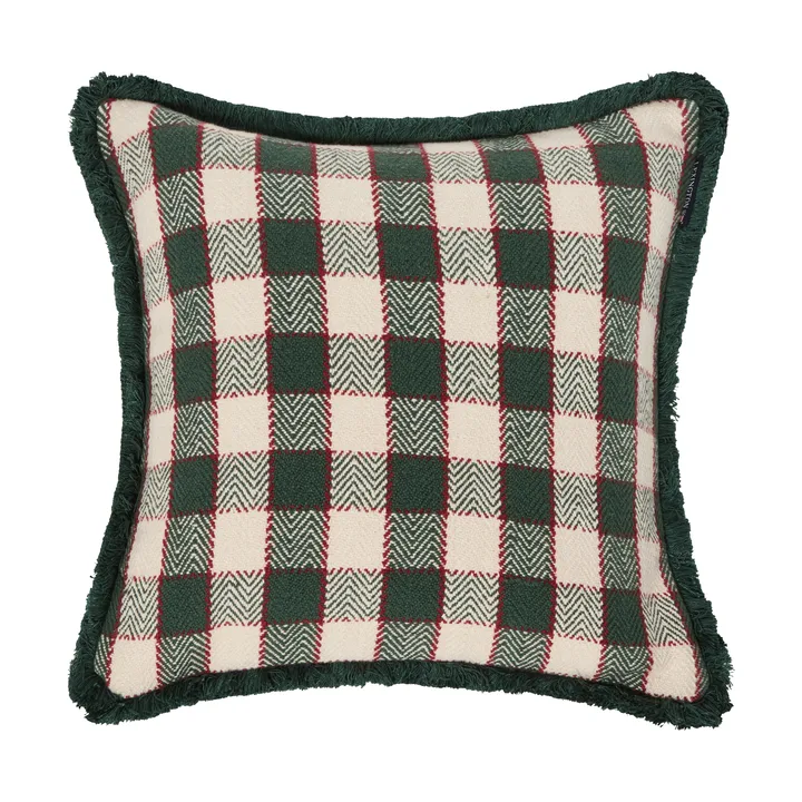 Housse de coussin Checked organic cotton fringe - Green-light beige-red - Lexington
