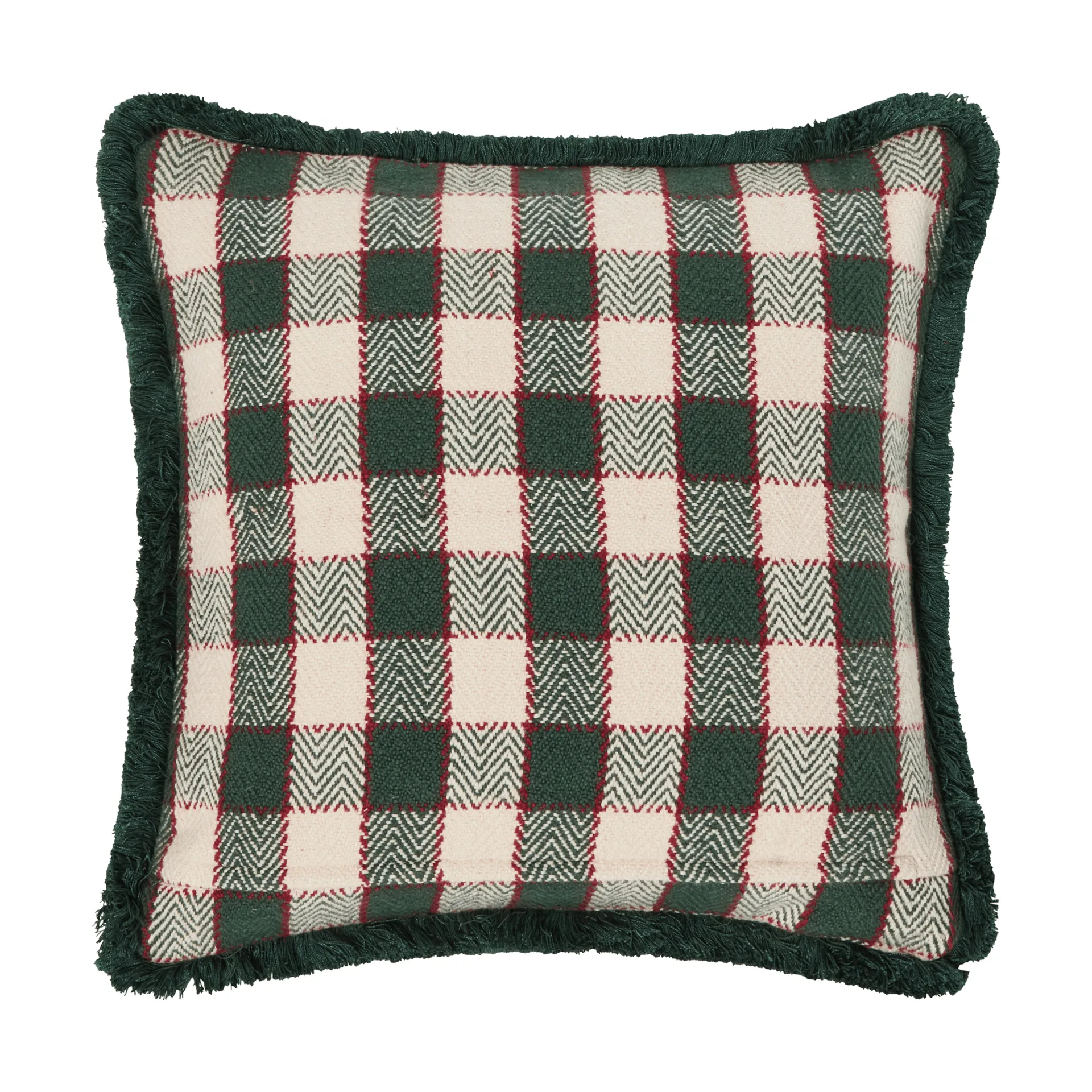 Housse de coussin Checked organic cotton fringe, Green-light beige-red Lexington