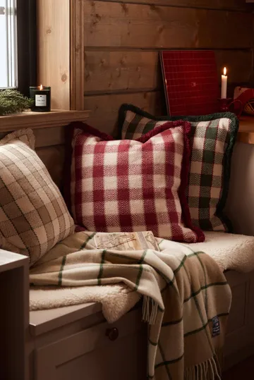 Housse de coussin Checked organic cotton fringe - Green-light beige-red - Lexington