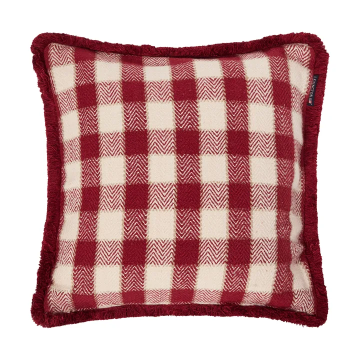 Housse de coussin Checked organic cotton fringe - Red-light beige-beige - Lexington