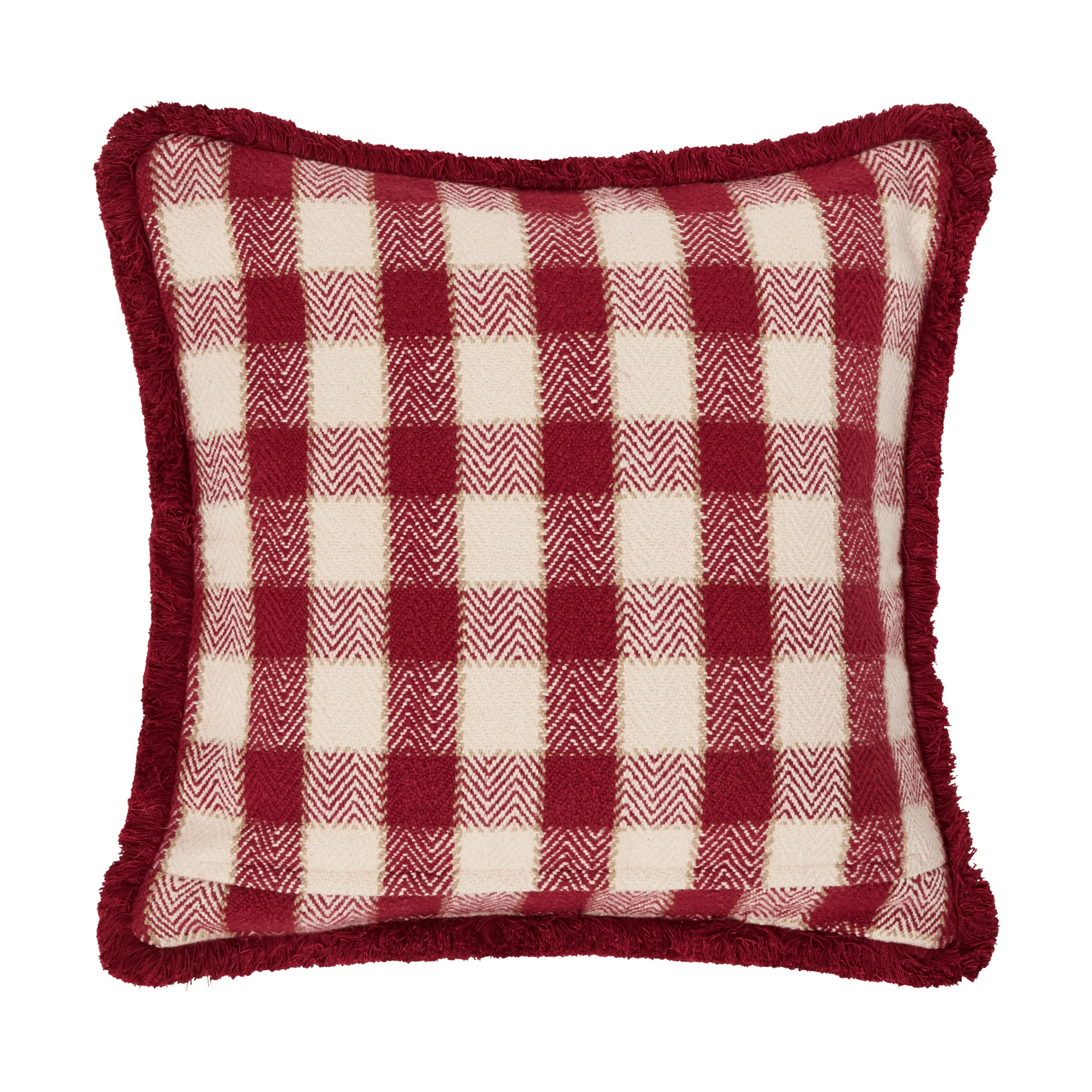 Housse de coussin Checked organic cotton fringe, Red-light beige-beige Lexington