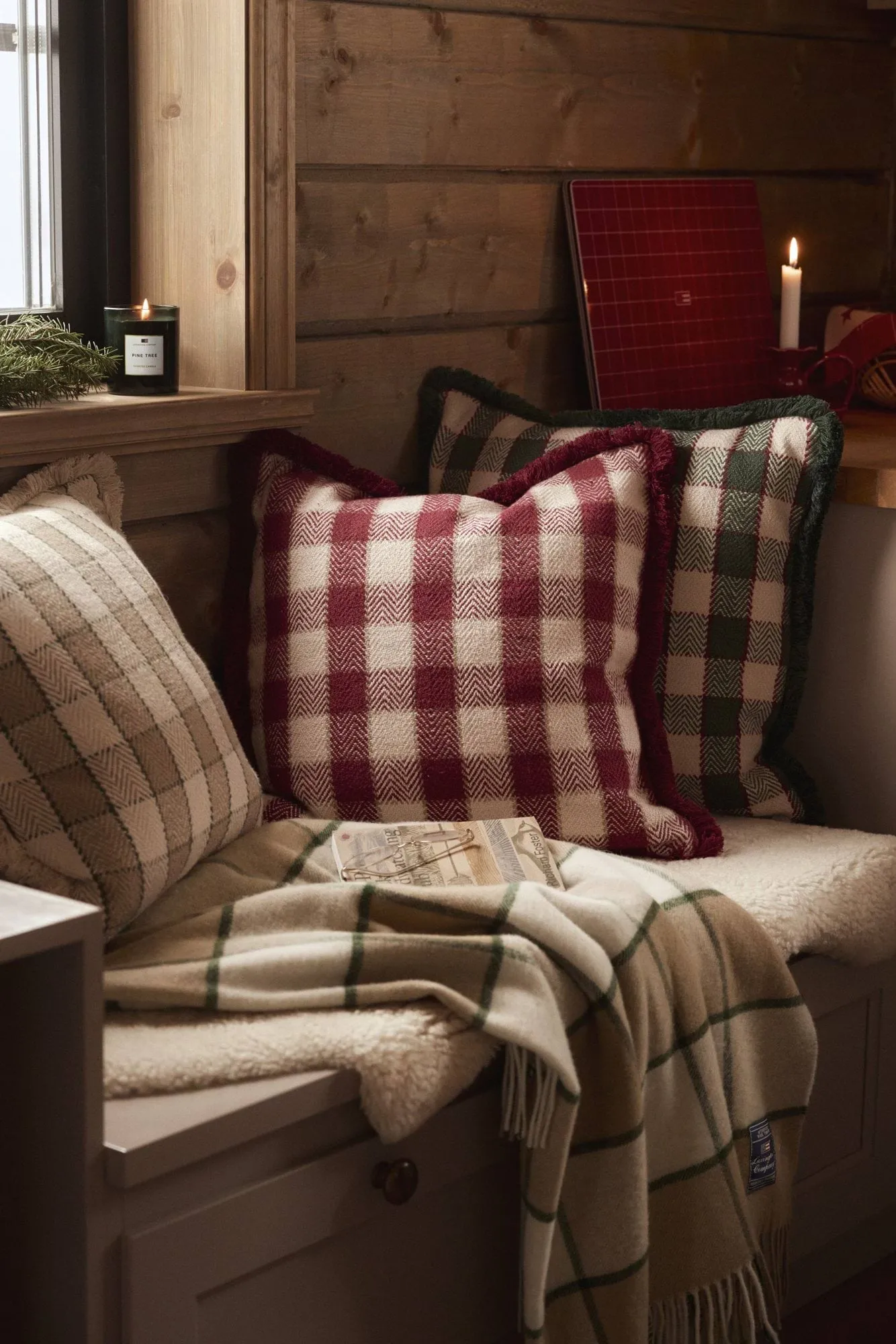Housse de coussin Checked organic cotton fringe, Red-light beige-beige Lexington
