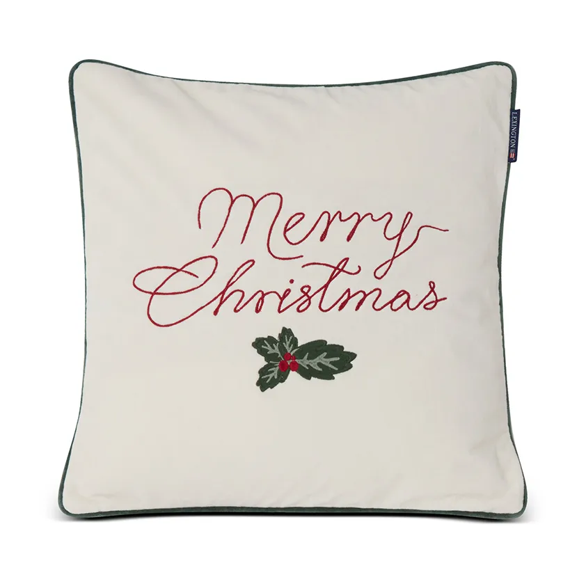 Housse de coussin Merry Christmas Cotton Velvet 50x50 cm, Blanc cassé-rouge Lexington