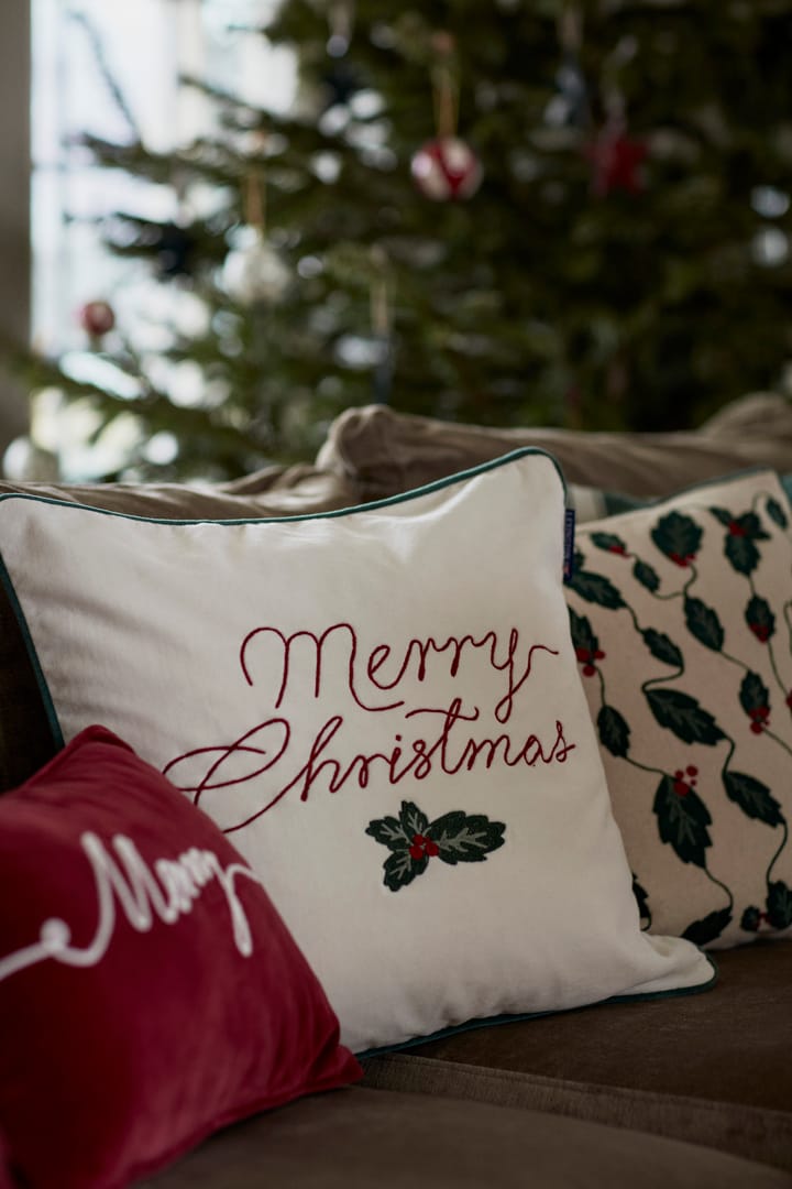 Housse de coussin Merry Christmas Cotton Velvet 50x50 cm - Blanc cassé-rouge - Lexington