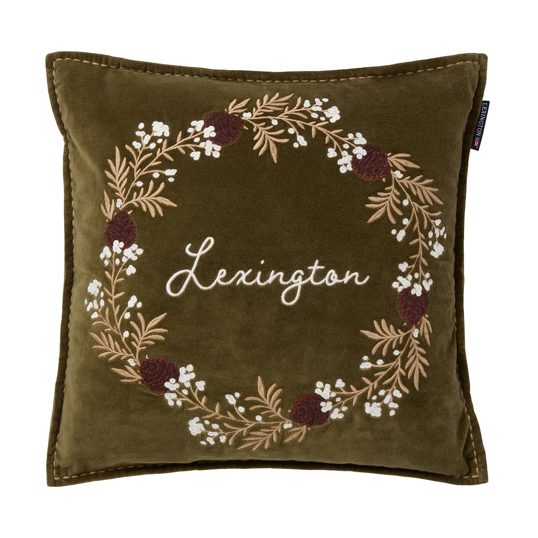 Housse de coussin Wreath coton écologique velours 50x50 cm, Olive-brown-white Lexington