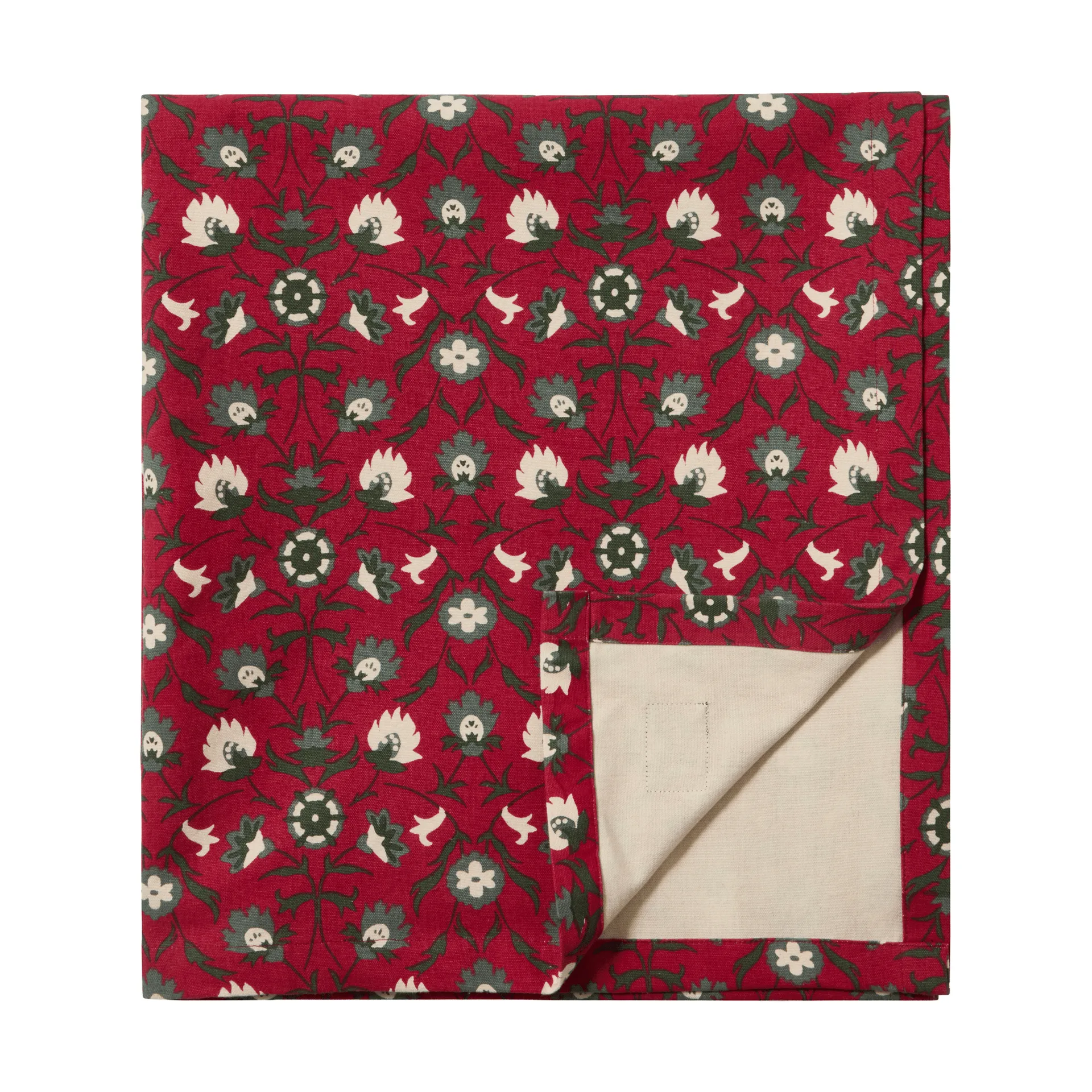Nappe Flower printed en coton biologique, Red-beige-green, 150x250 cm Lexington