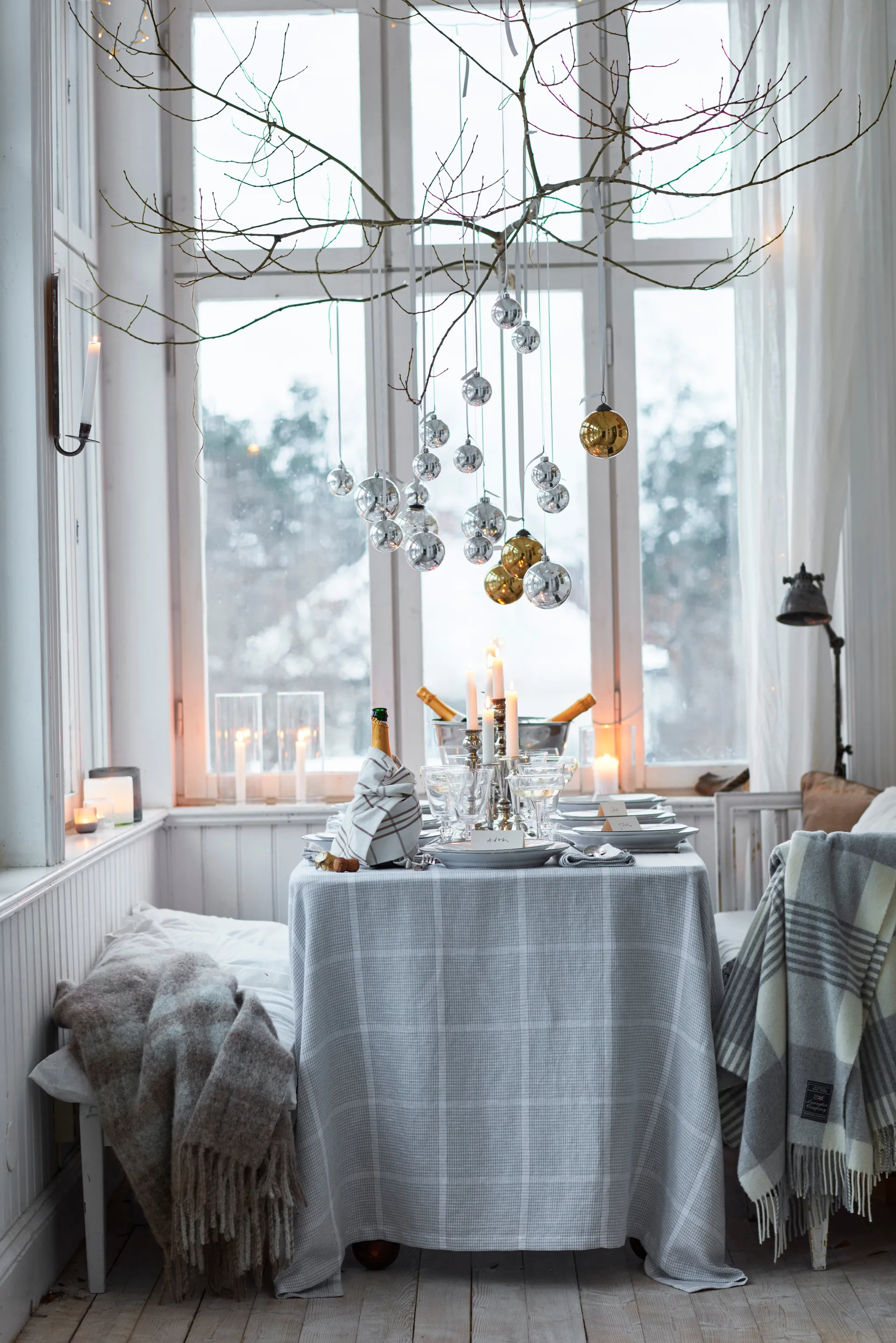 Nappe Pepita Check Cotton Linen 180x180 cm, White-light gray Lexington