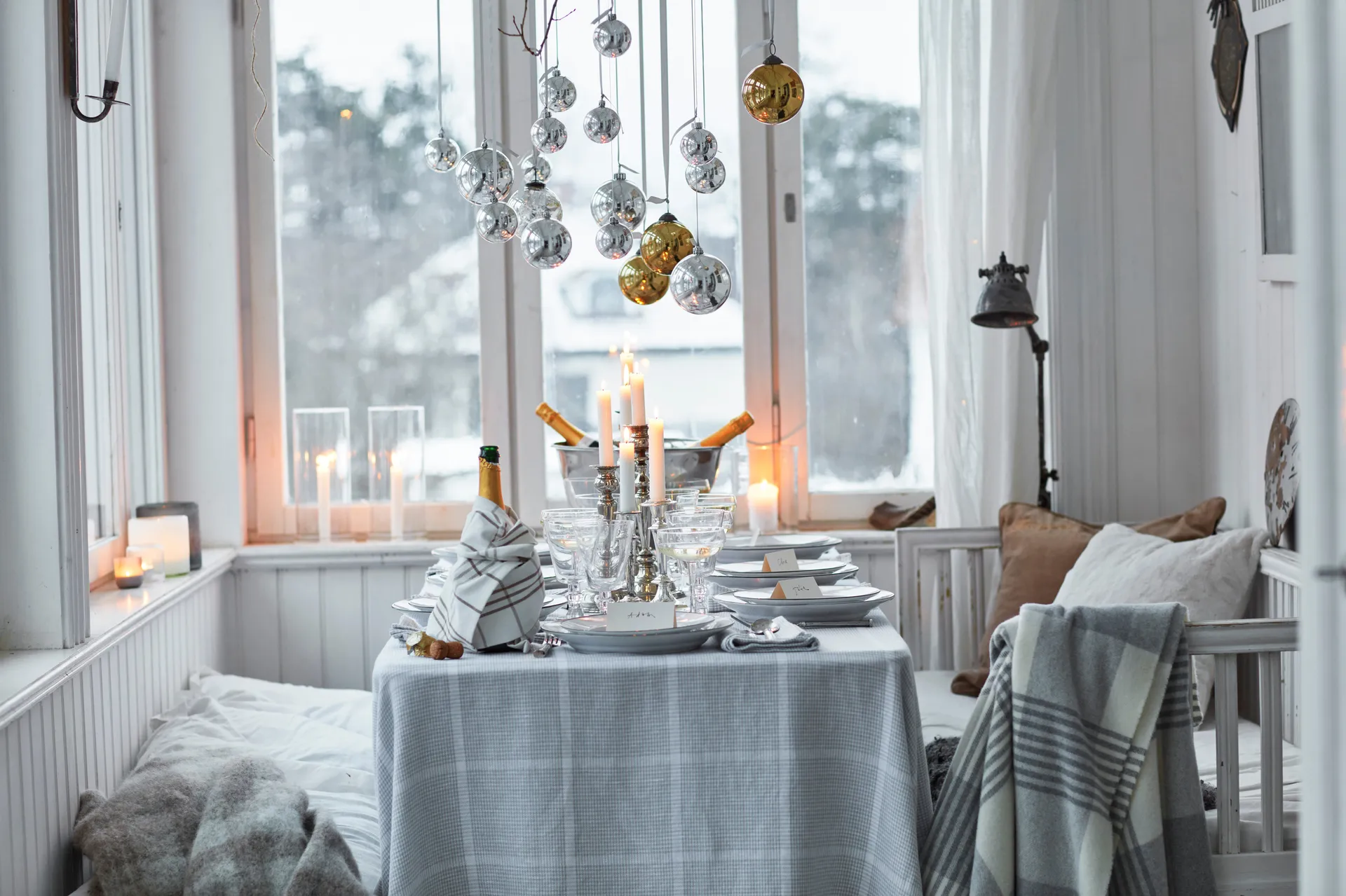 Nappe Pepita Check Cotton Linen 180x180 cm, White-light gray Lexington