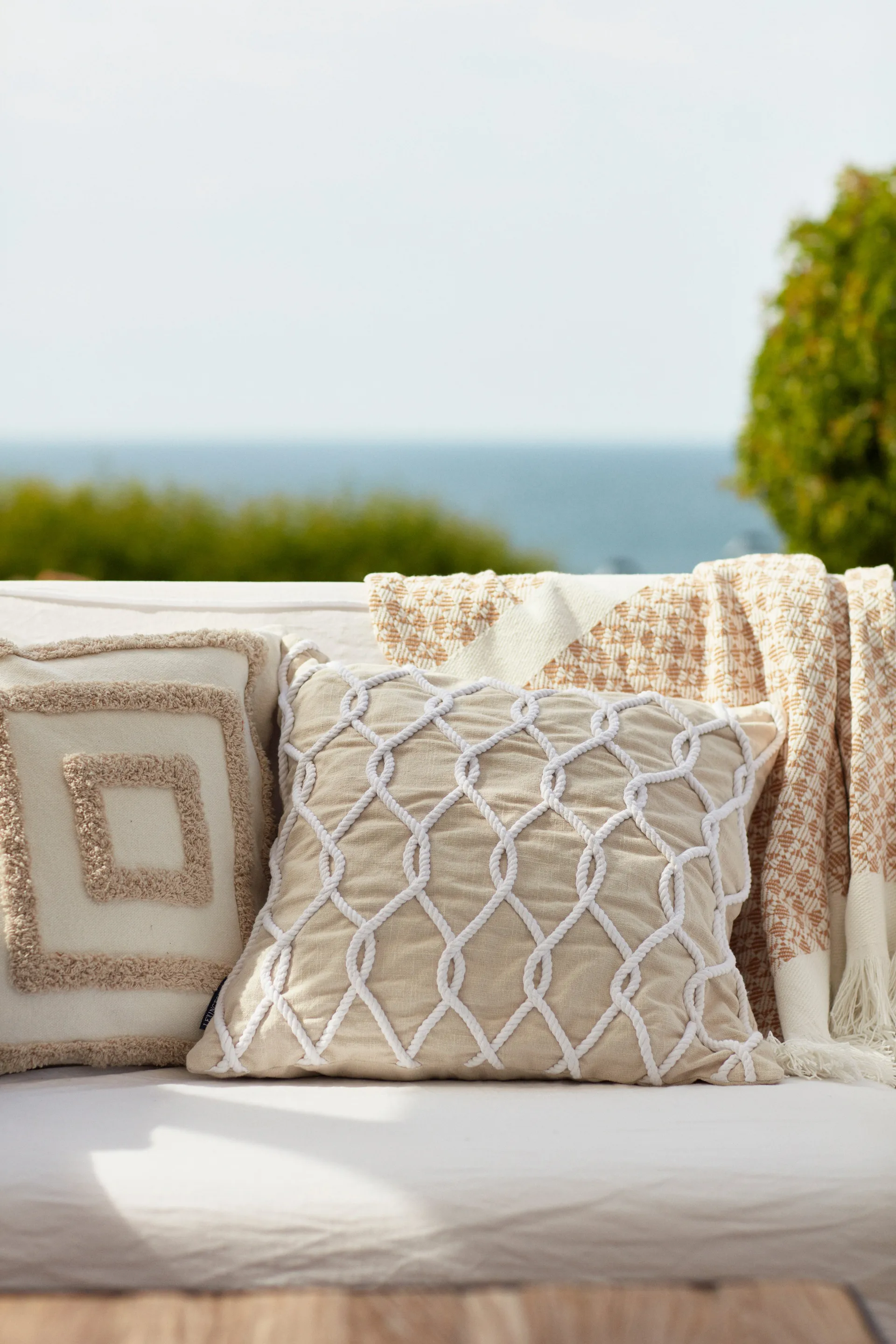 Plaid en coton Striped Structured Recycled 130x170 cm, Beige-blanc Lexington