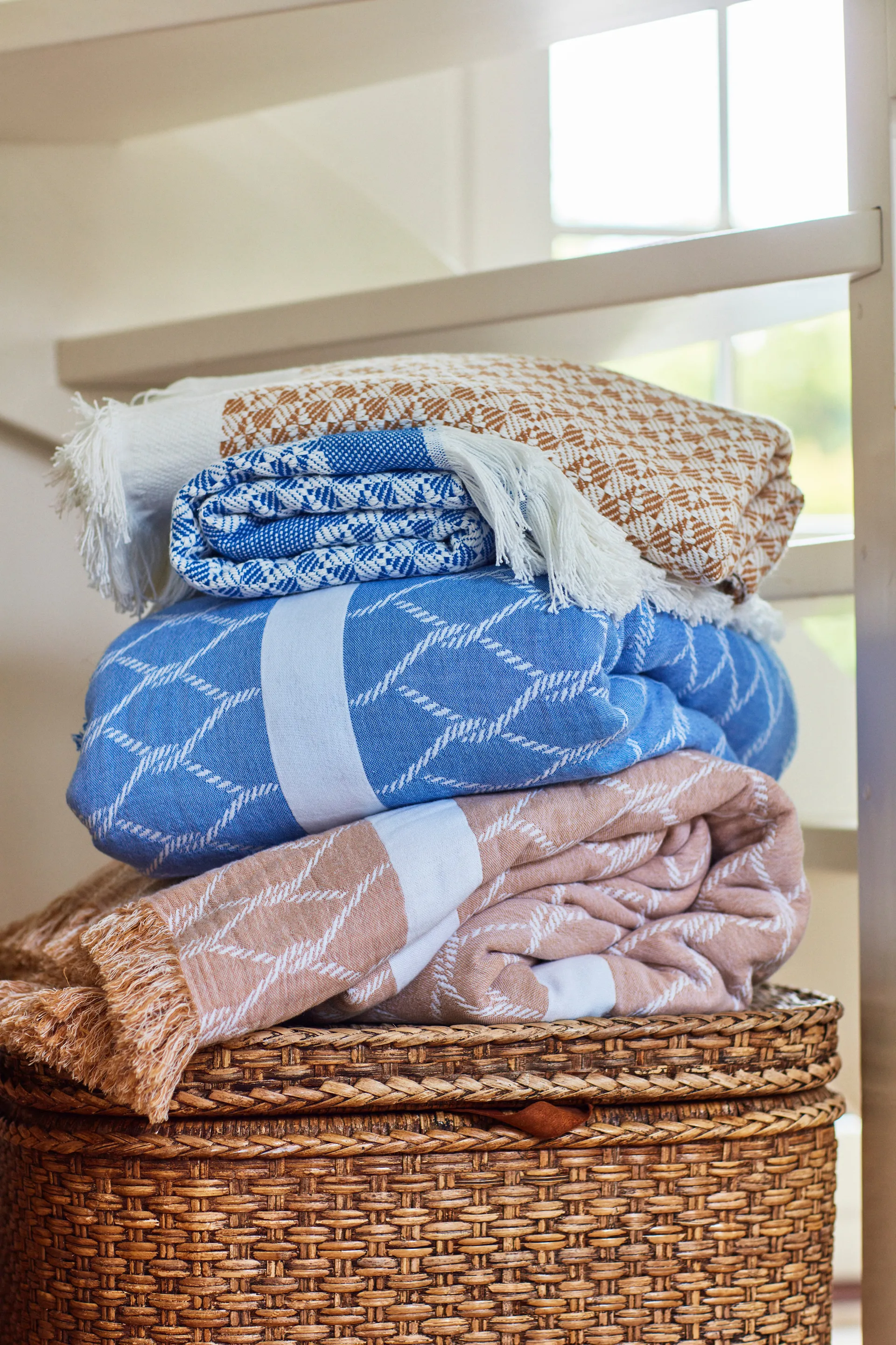 Plaid en coton Striped Structured Recycled 130x170 cm, Beige-blanc Lexington