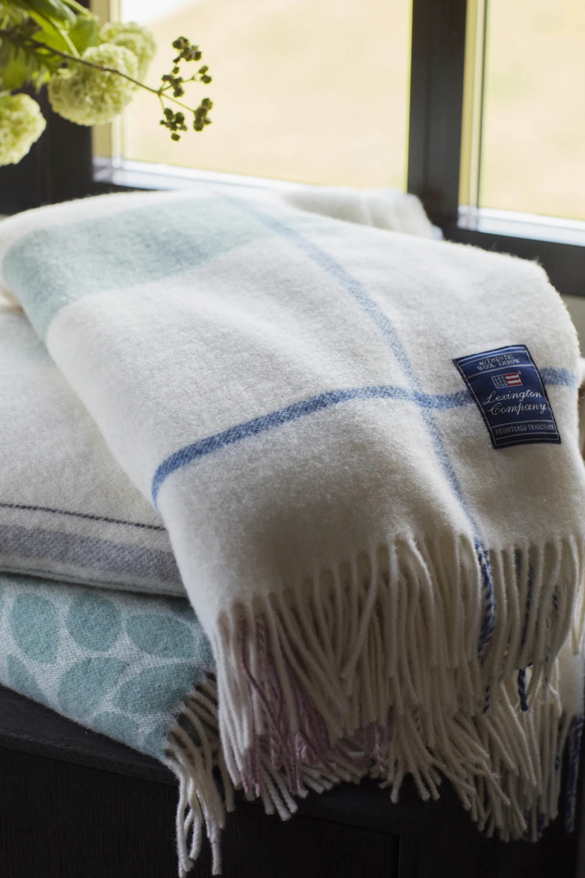 Plaid en laine Checked Recycled 130x170 cm, Blanc cassé-vert-rose Lexington