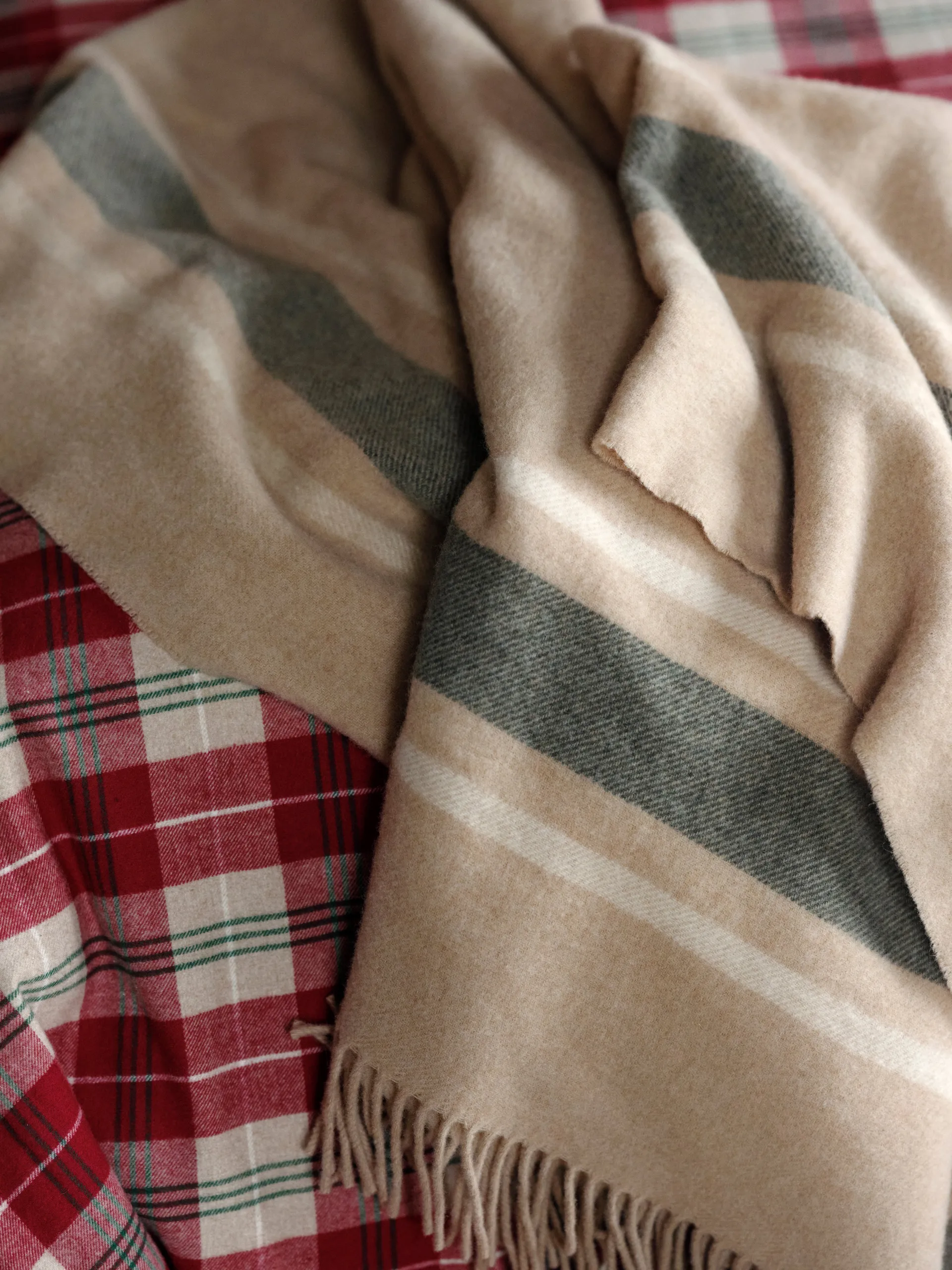 Plaid Frame checked recycled 130x170 cm, Beige-vert Lexington