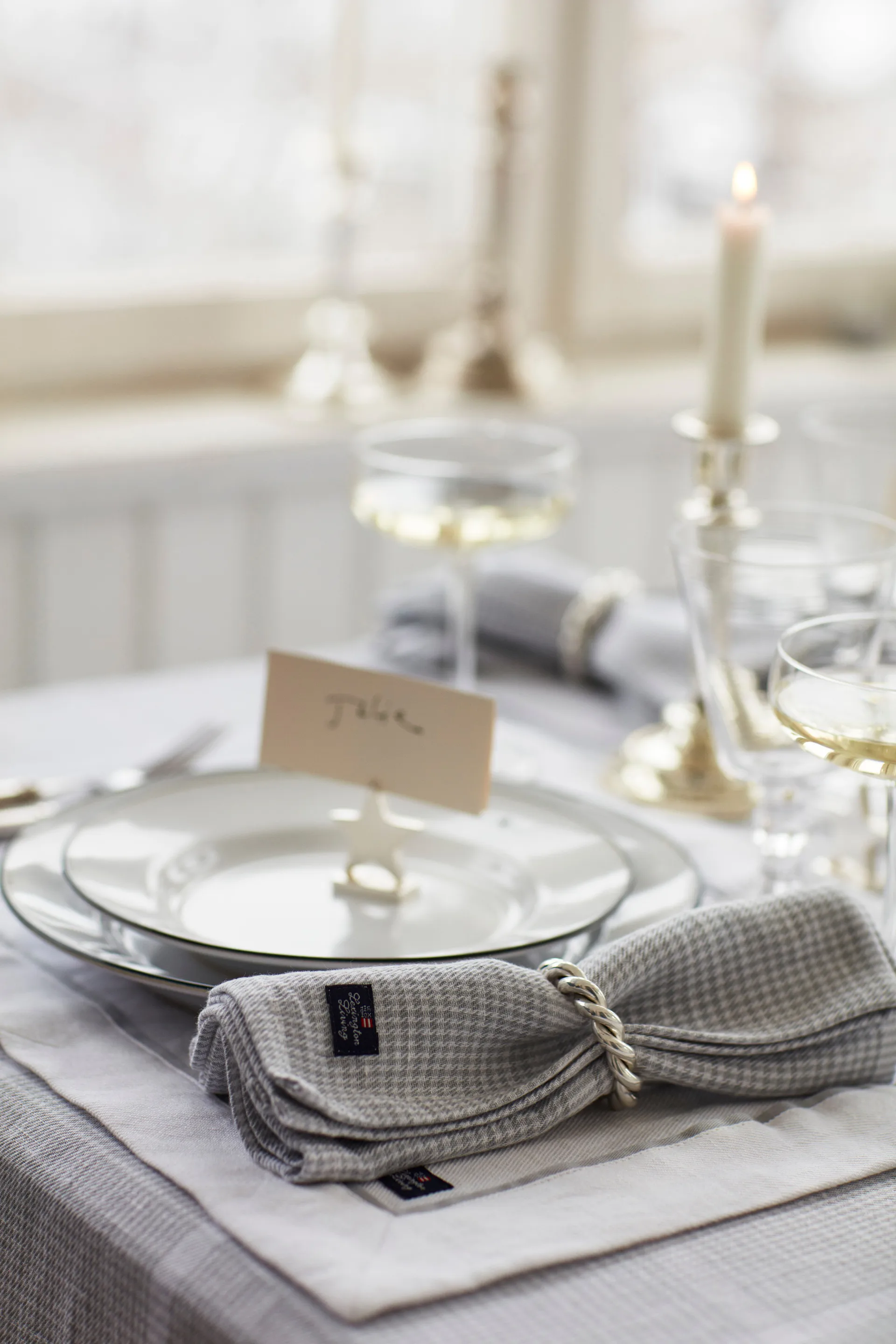 Serveiette en tissu Pepita Check Cotton Linen 50x50 cm, White-light gray Lexington