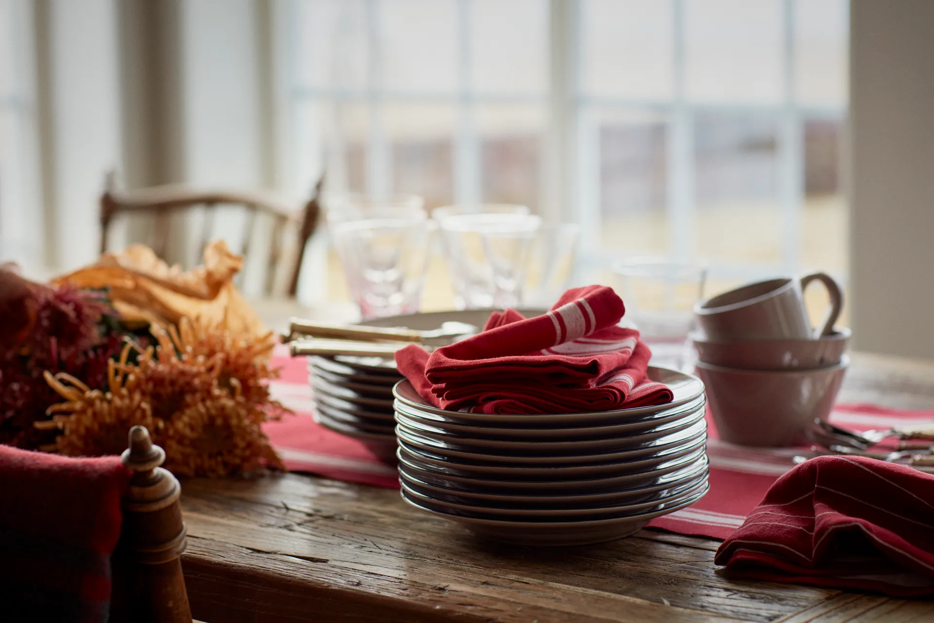 Serviette de table Side Striped Cotton Linen 50x50 cm, Rouge-blanc Lexington