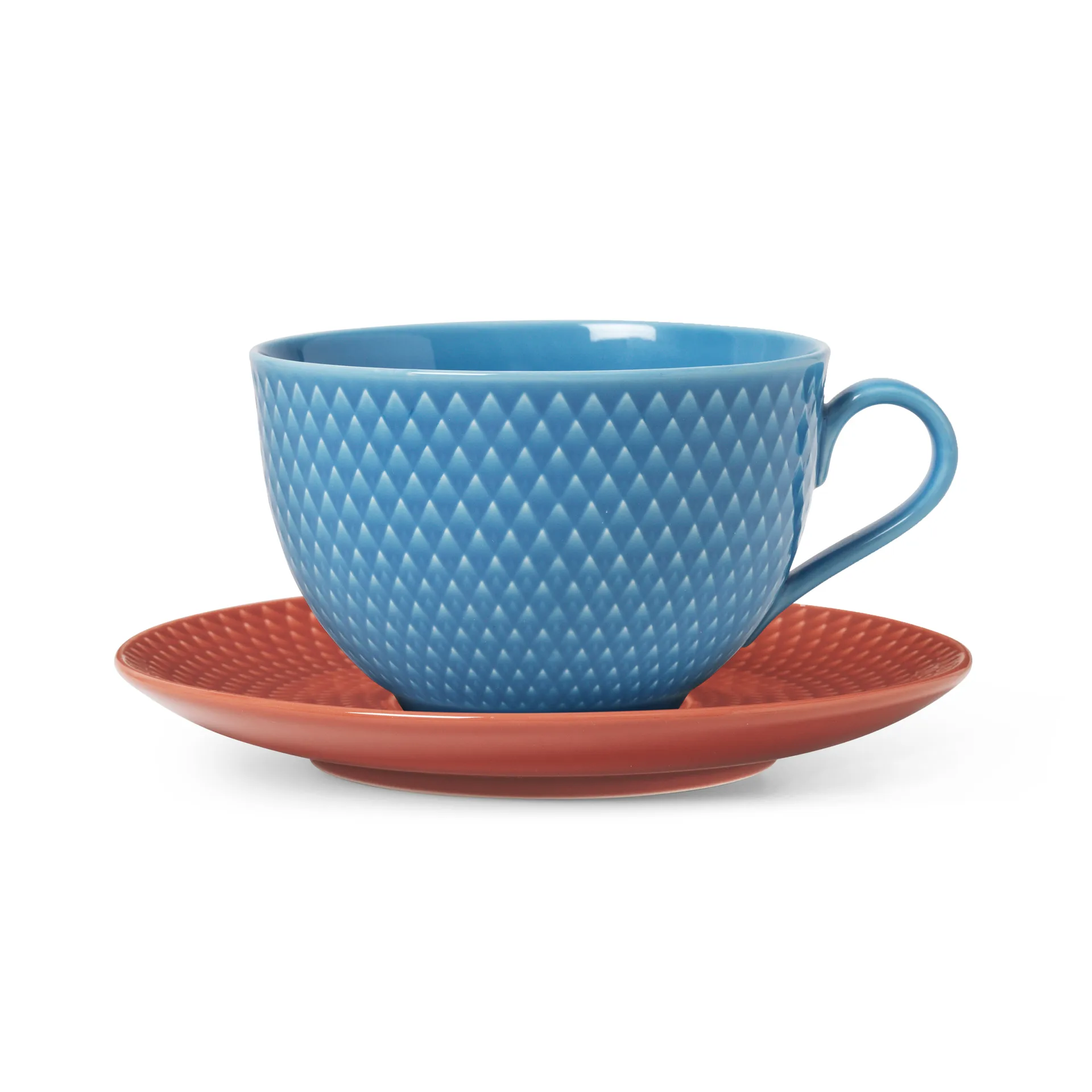 Tasse à thé avec soucoupe Rhombe, Bleu-terracotta Lyngby Porcelæn