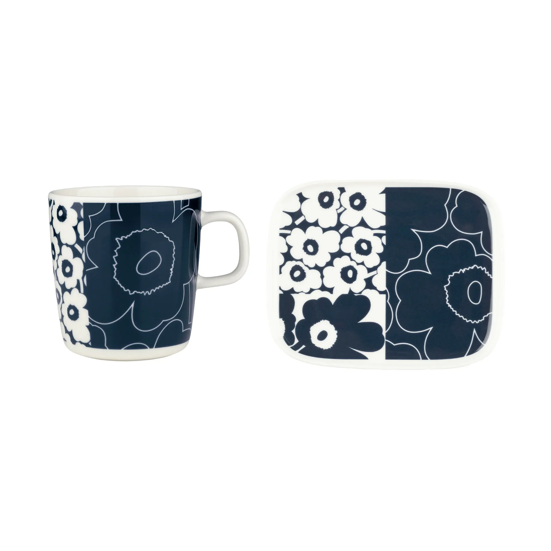 Plateau Unikko Kollaasi + tasse, 2 pièces, White-dark blue Marimekko