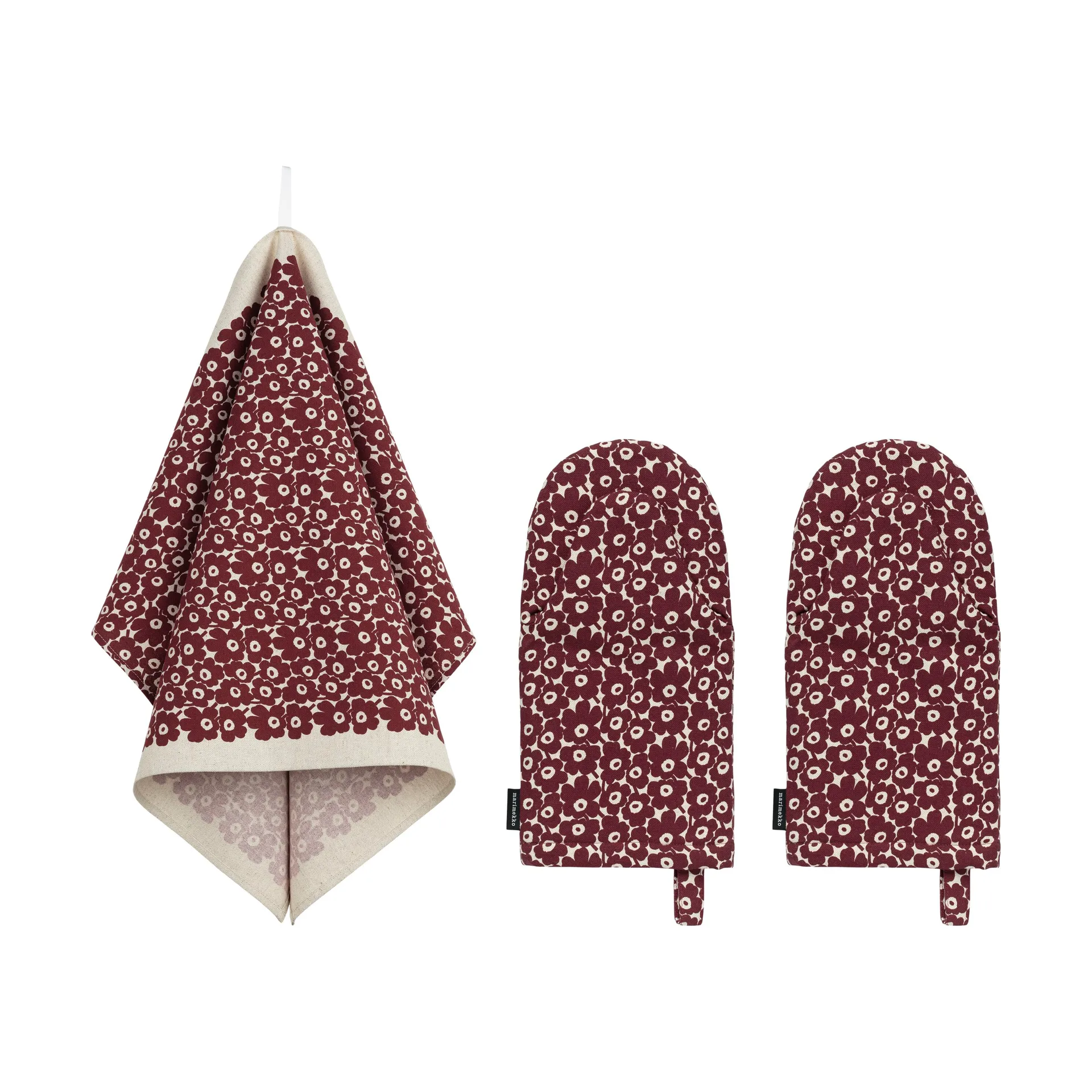 Set de cuisine Pikkuinen Unikko 3 pièces, Linen-bordeaux Marimekko