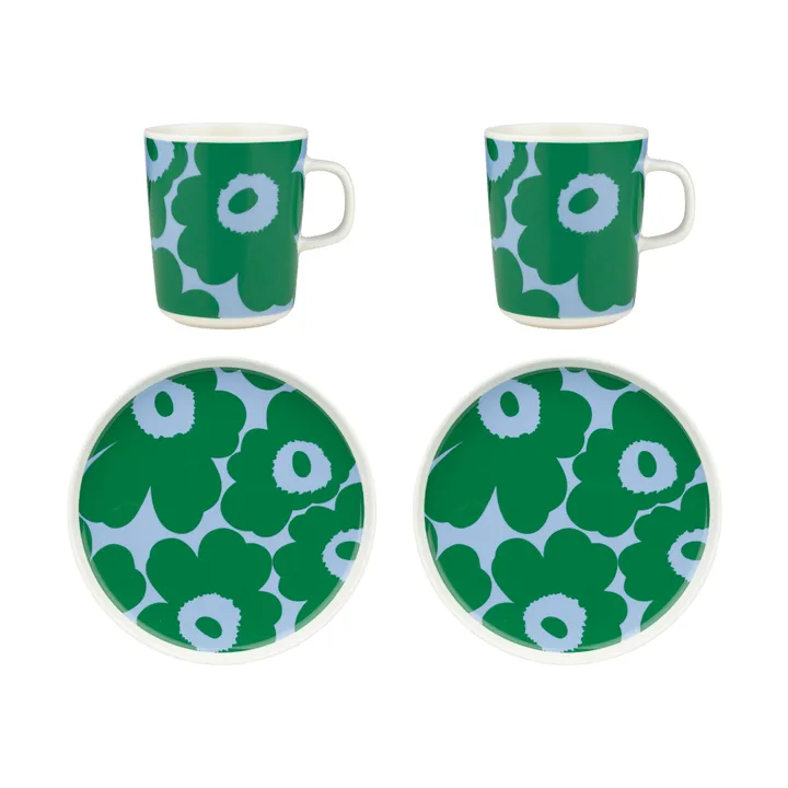 Set de petit-déjeuner Unikko - Blanc-vert-bleu clair, 4 pièces - Marimekko
