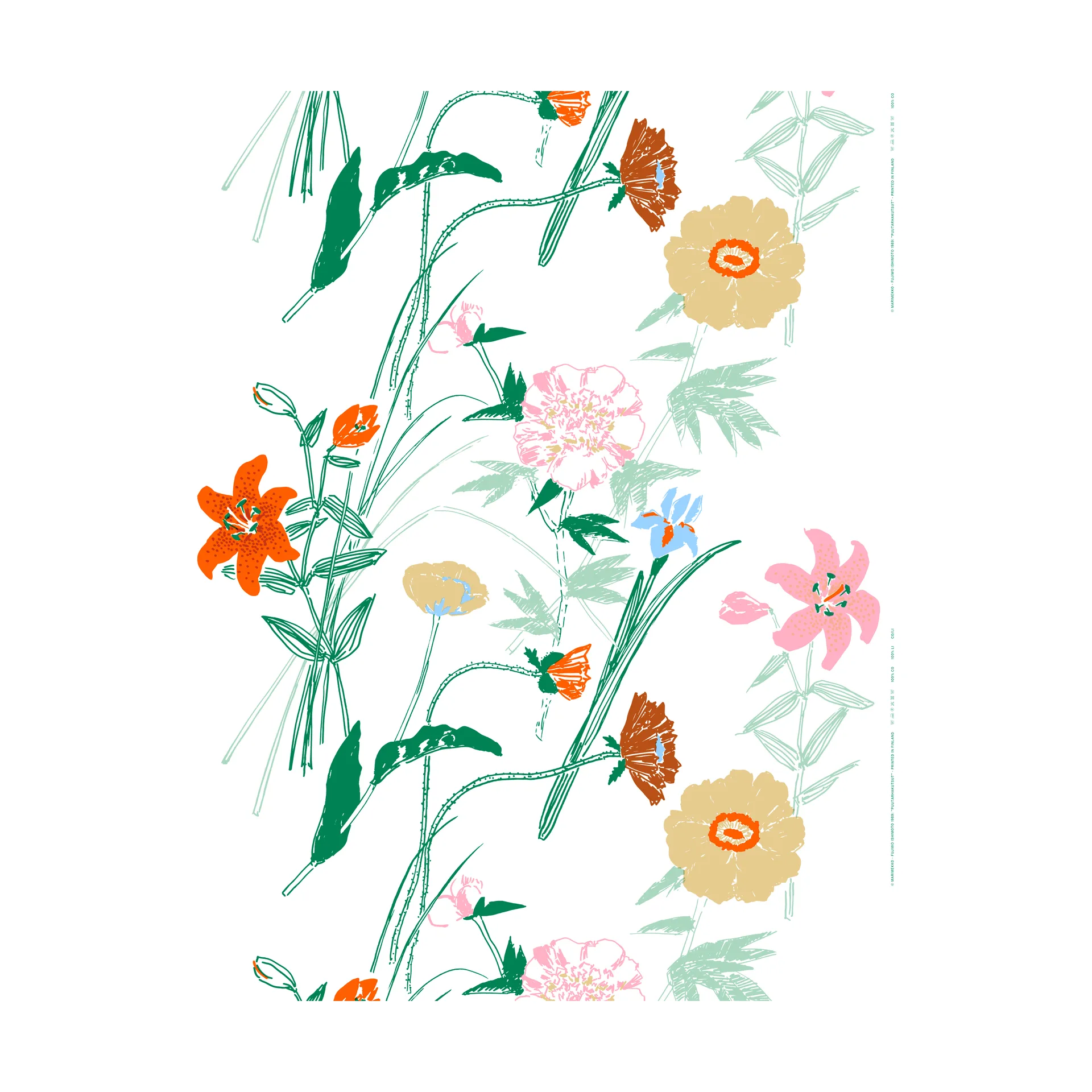 Tissu en coton Puutarhakutsut, White-green-orange Marimekko