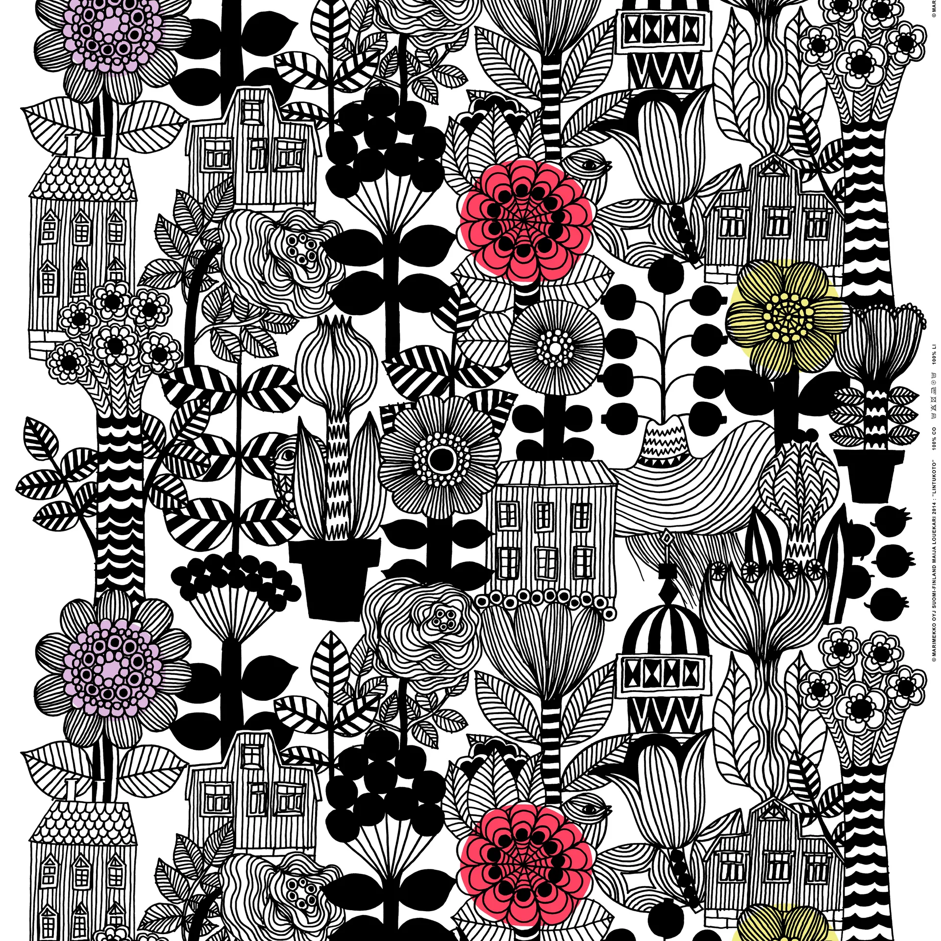 Tissu Lintukoto, blanc-noir-jaune Marimekko