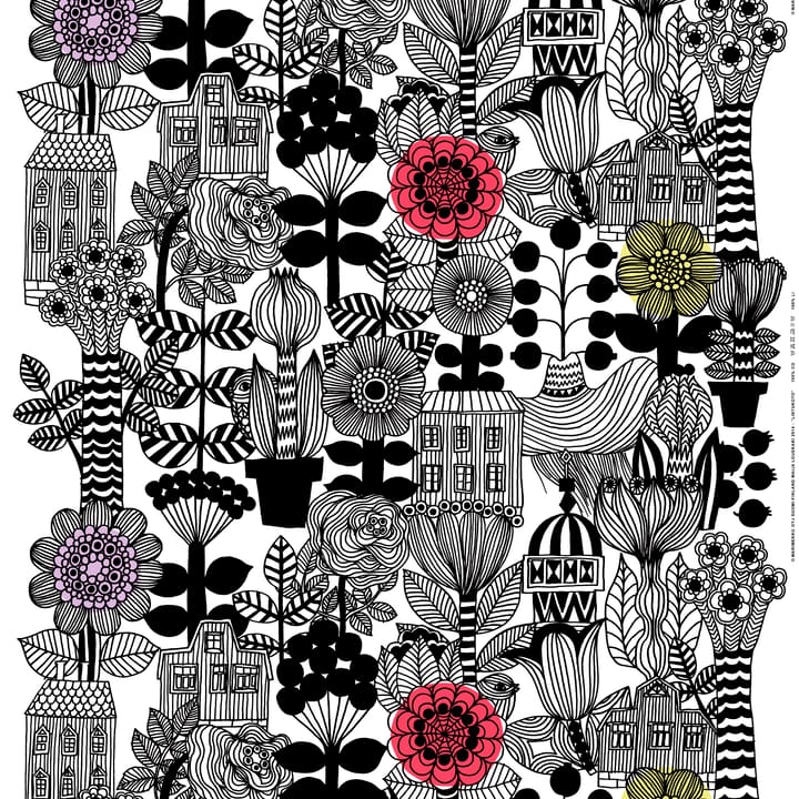 Tissu Lintukoto, blanc-noir-jaune Marimekko