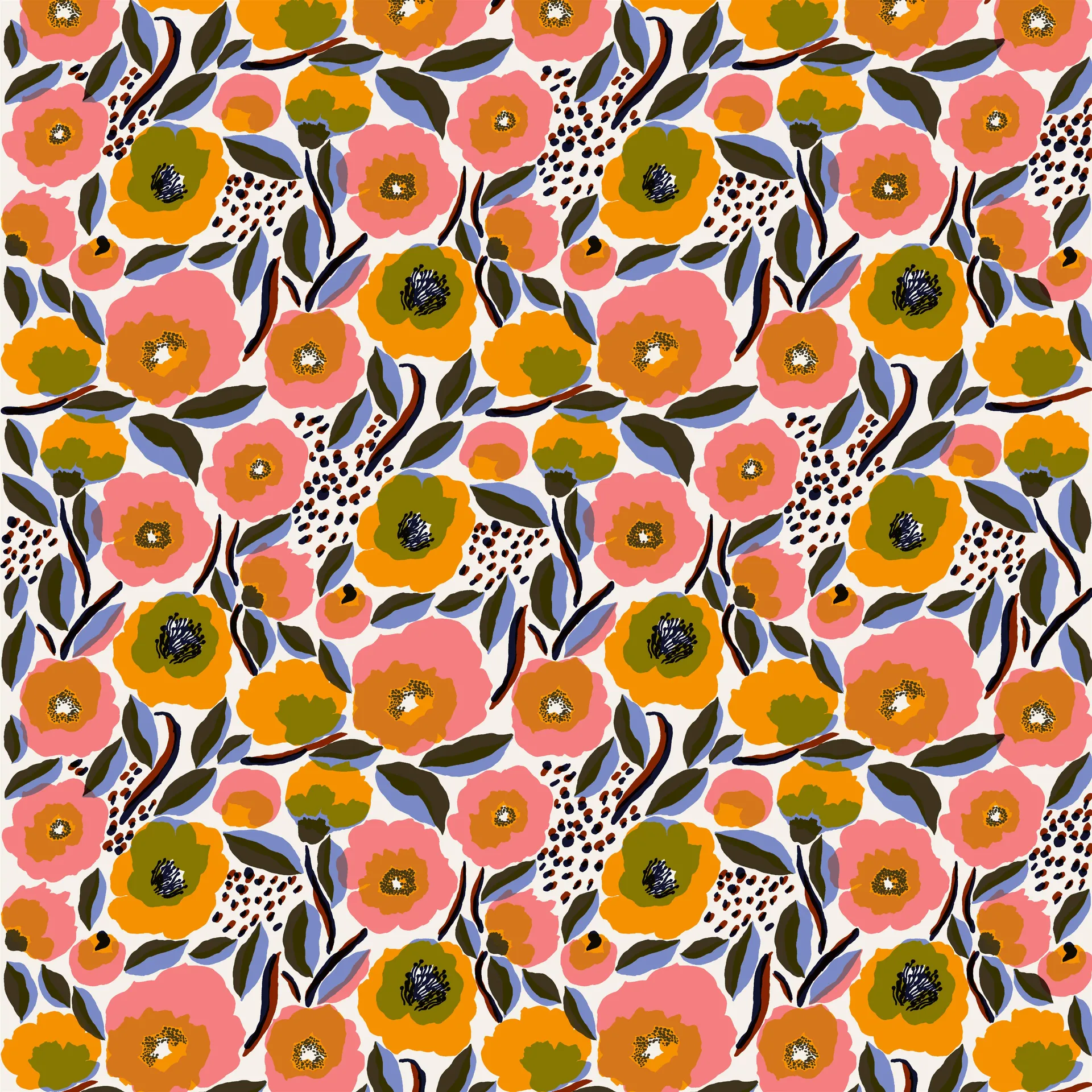 Tissu Rosarium, blanc-rouge-jaune-bleu Marimekko