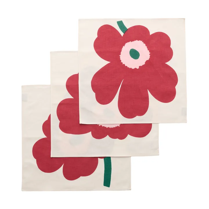 Unikko serviette en tissu - Off white-cranberry-rose, 45x45 cm, lot de 3 - Marimekko