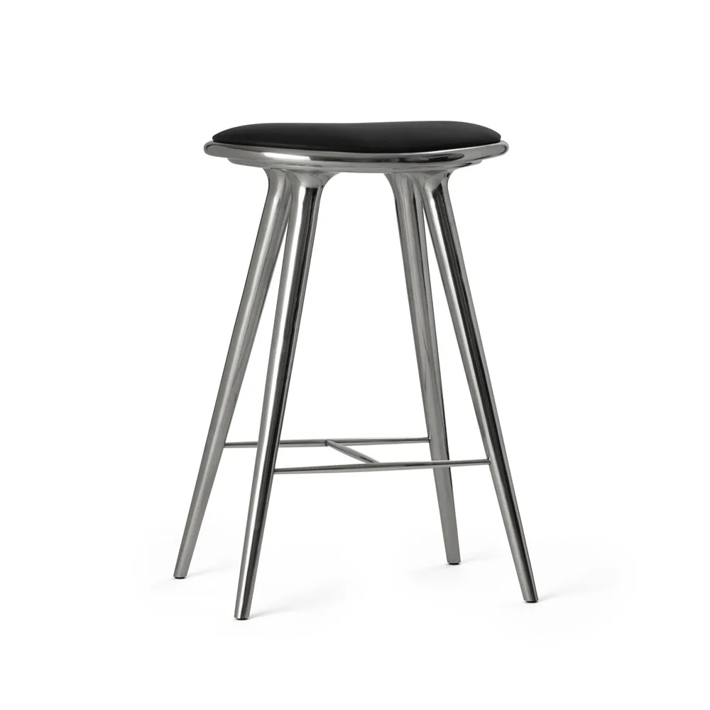 High stool tabouret de bar bas Mater 69 cm, cuir noir, support aluminium Mater