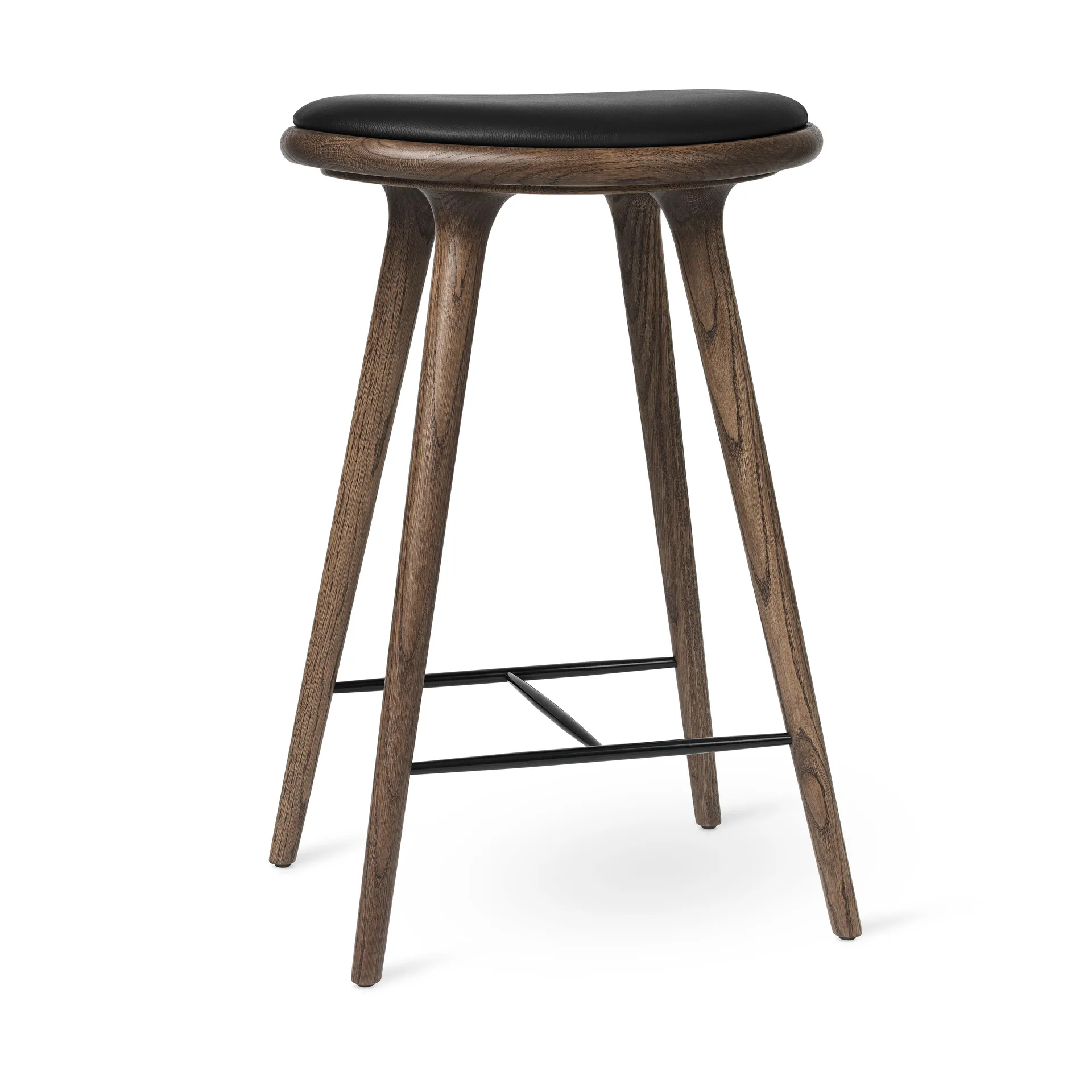 High stool tabouret de bar bas Mater 69 cm, cuir noir, support en chêne laqué brun Mater