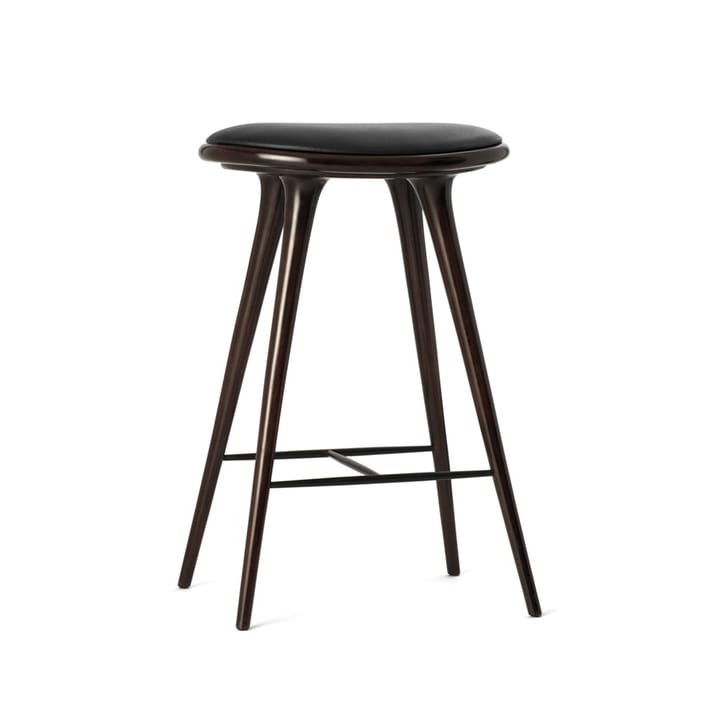 High stool tabouret de bar bas Mater 69 cm - cuir noir, support en hêtre laqué brun - Mater