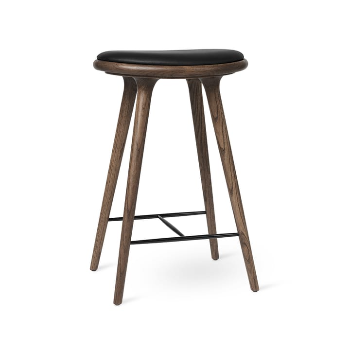High stool tabouret de bar haut Mater 74 cm - cuir noir, support en chêne laqué foncé - Mater