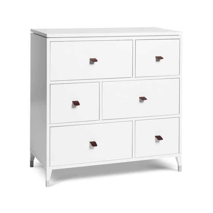 Commode Abisko - Blanc, 6 tiroirs, poignées en cuir d’élan - Mavis
