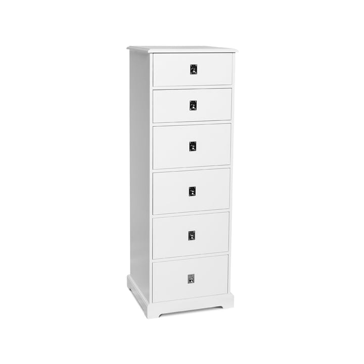 Commode Smögen - Blanc, 6 tiroirs étroits, chrome - Mavis