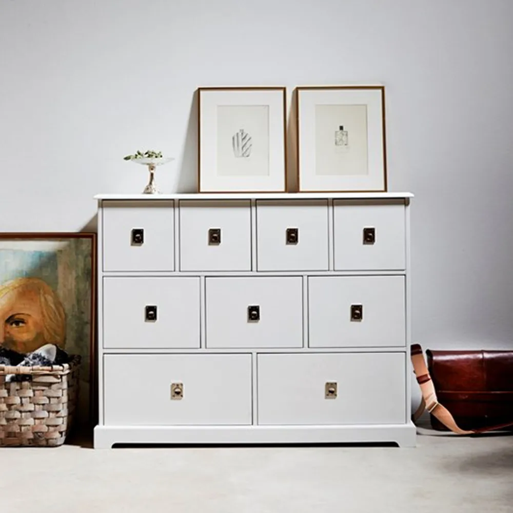 Commode Smögen, Blanc, 9 tiroirs, chrome Mavis