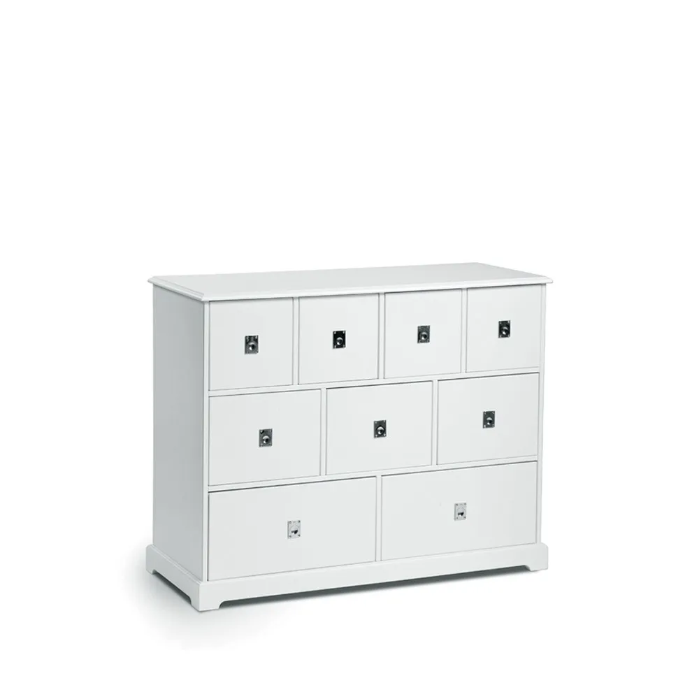 Commode Smögen, Blanc, 9 tiroirs, chrome Mavis