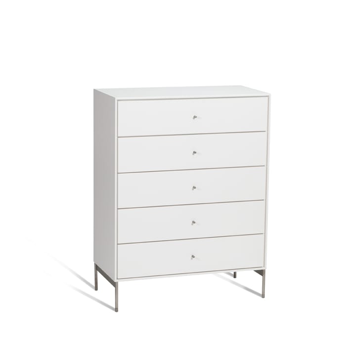 Commode Volt 5 tiroirs laquée blanche, Détails en acier inoxydable Mavis