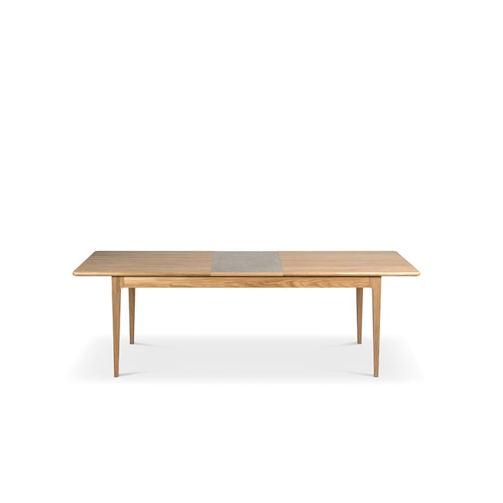 Table à manger Höllviken - Chêne blanchi mat laqué, 1 rallonge, pierre calcaire Ø50 cm - Mavis