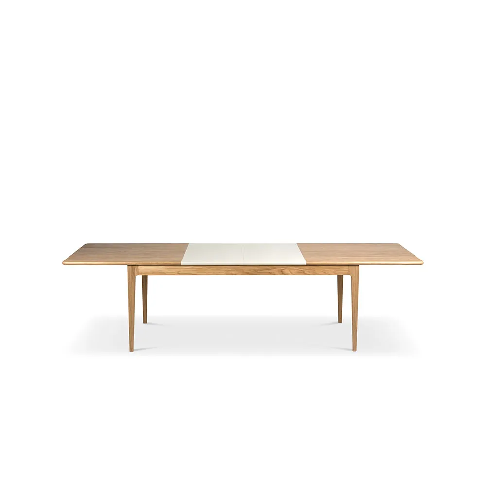 Table à manger Höllviken, Chêne blanchi mat laqué, 2 rallonges, MDF beige Ø50 cm Mavis
