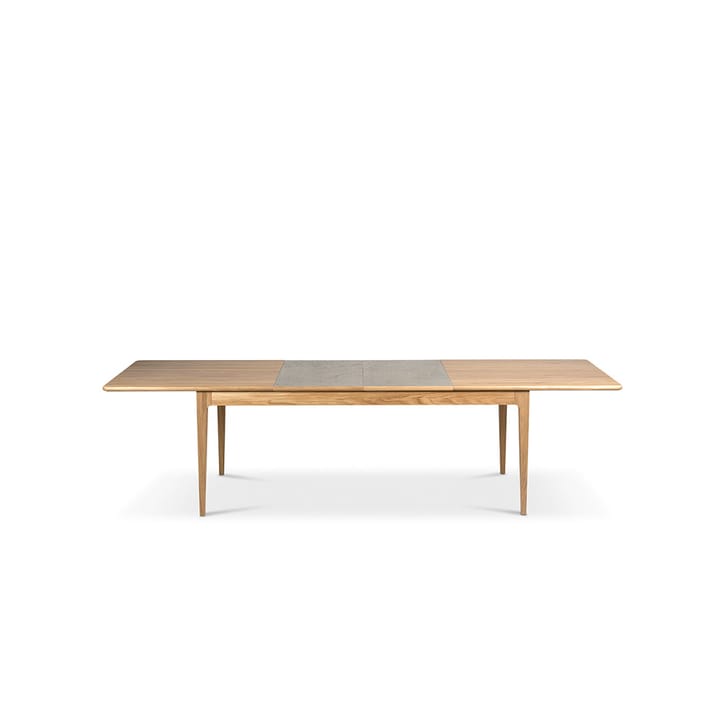 Table à manger Höllviken - Chêne blanchi mat laqué, 2 rallonges, pierre calcaire Ø50 cm - Mavis
