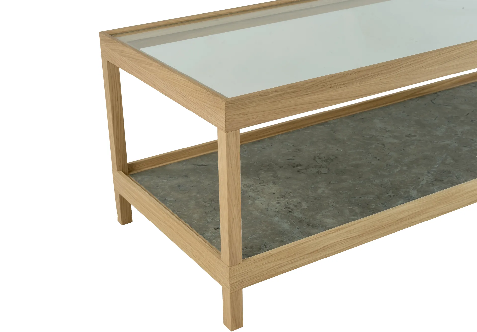 Table basse Ima 125x50 cm, Chêne blanchi pigmenté mat laqué – plateau en calcaire Mavis