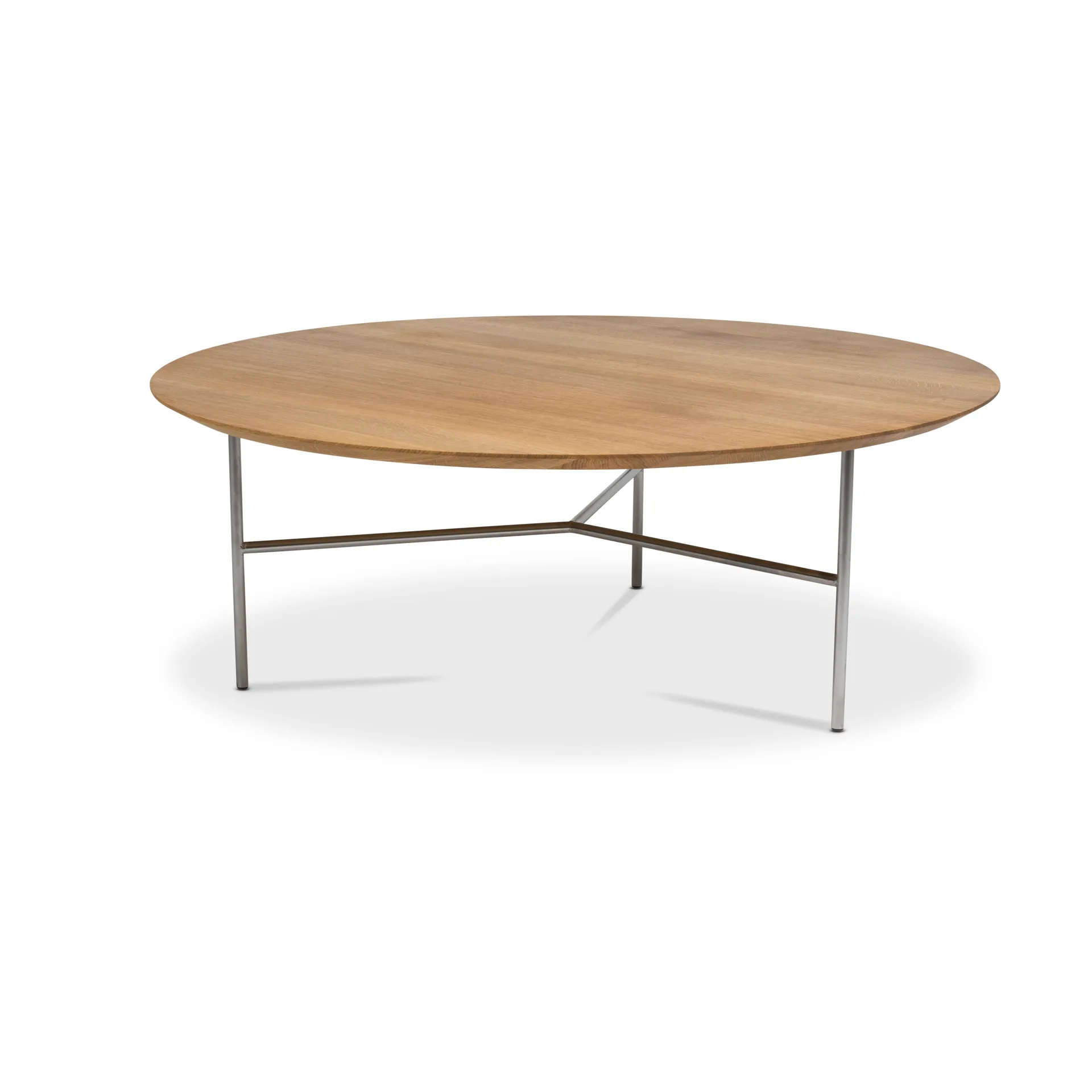 Table basse Tribeca, Chêne huilé rustique, pieds chromés satinés, Ø110 cm Mavis