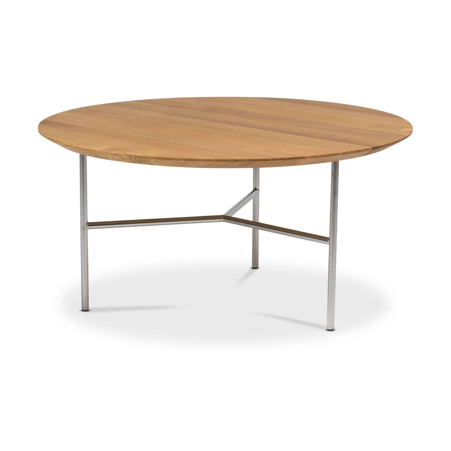 Table basse Tribeca, Chêne huilé rustique, pieds chromés satinés, Ø80 cm Mavis