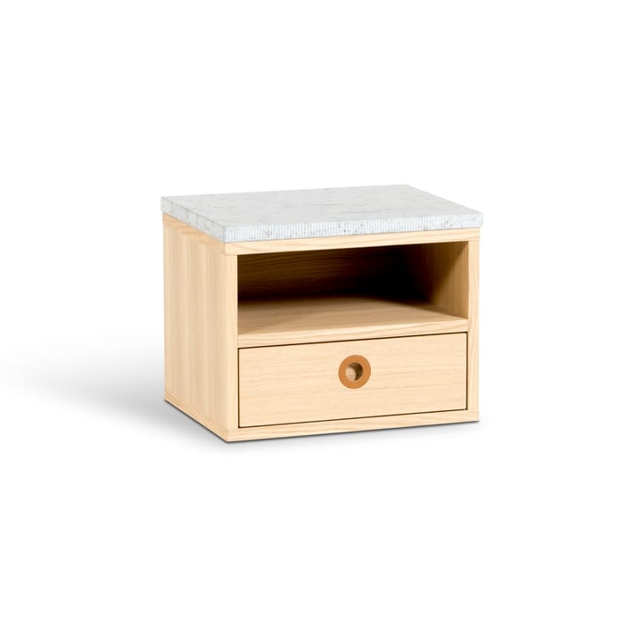 Table de chevet Höllviken suspendue - Chêne blanchi pigmenté, plateau en pierre calcaire, 1 tiroir - Mavis