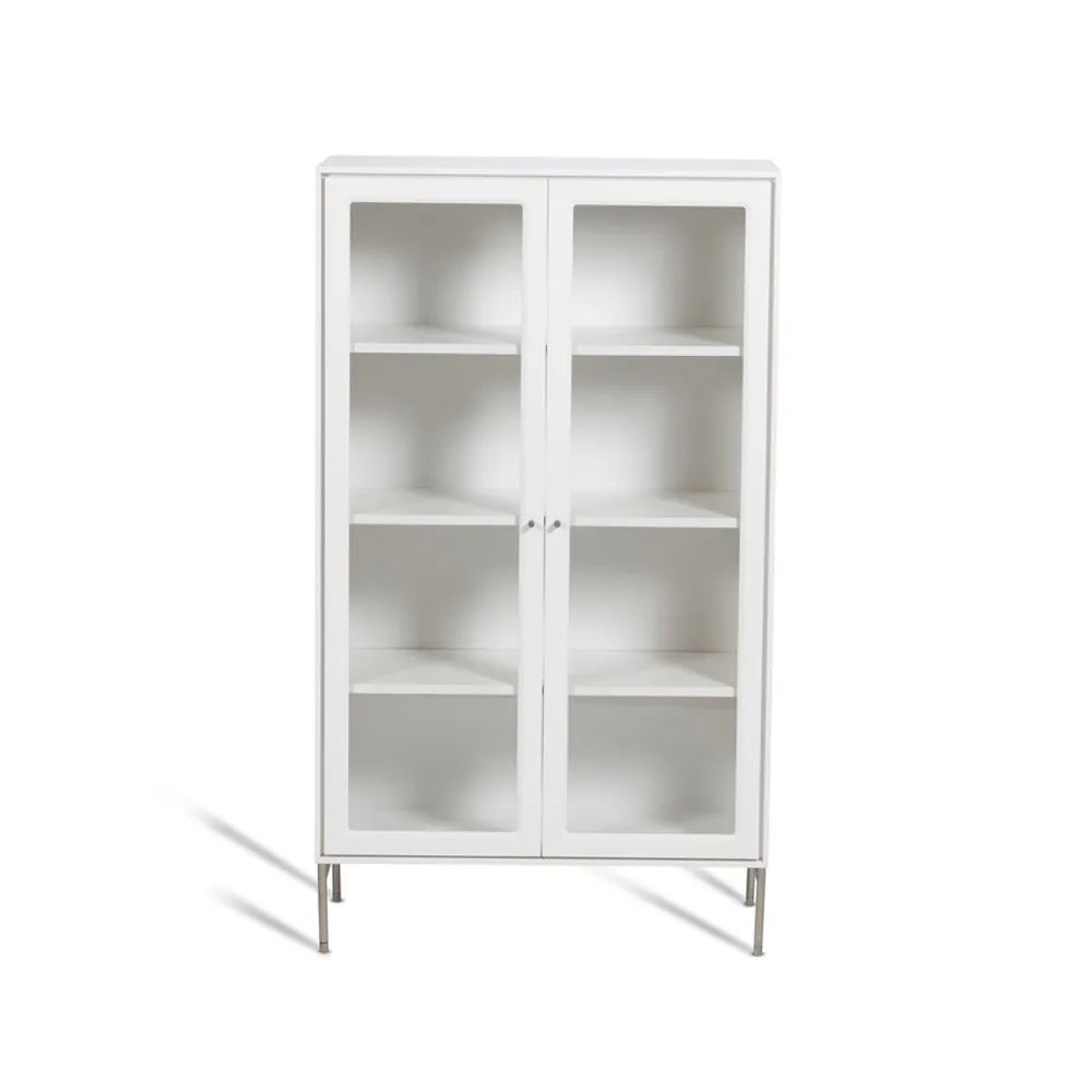Vitrine Volt 130 cm laquée blanche, Détails en acier inoxydable Mavis