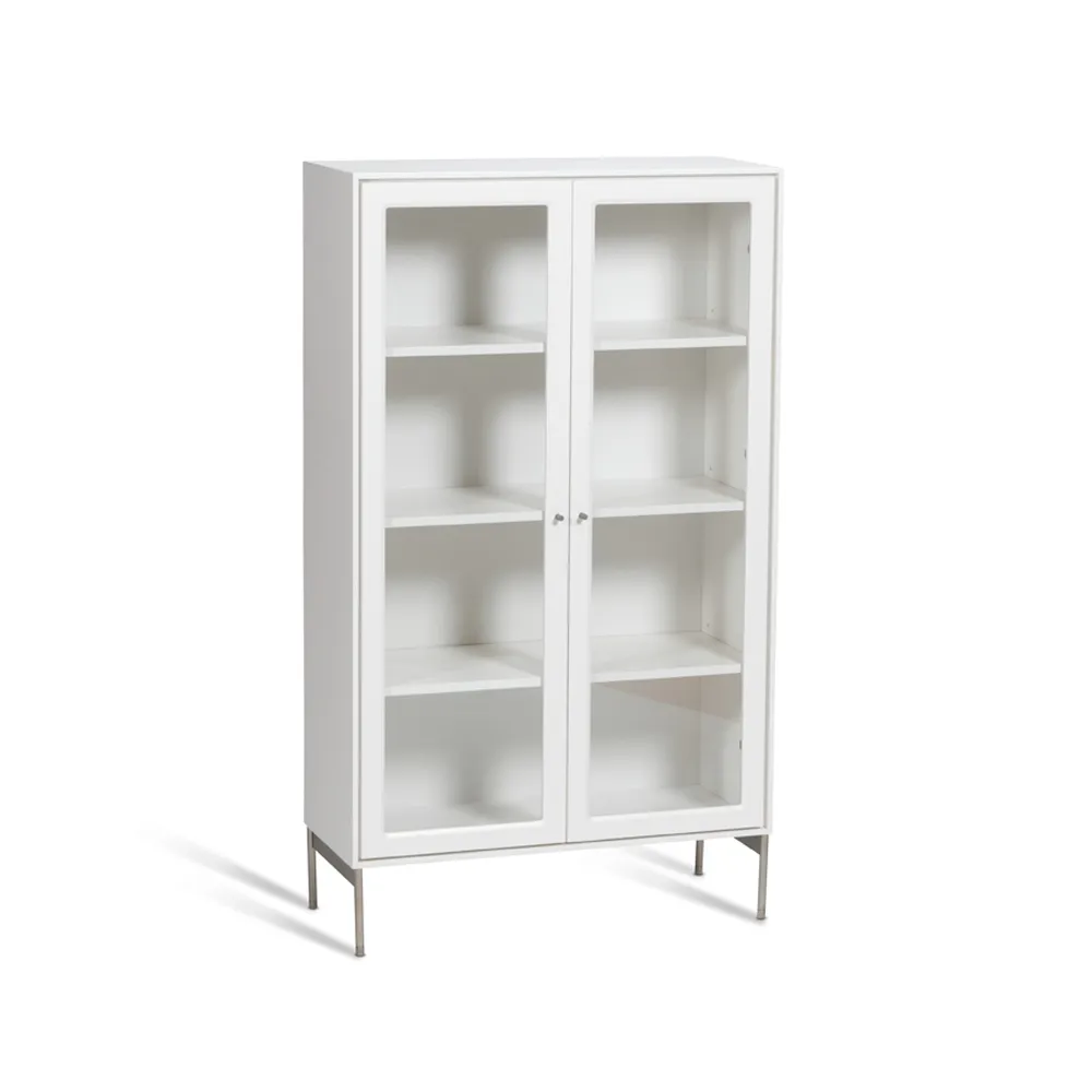 Vitrine Volt 130 cm laquée blanche, Détails en acier inoxydable Mavis