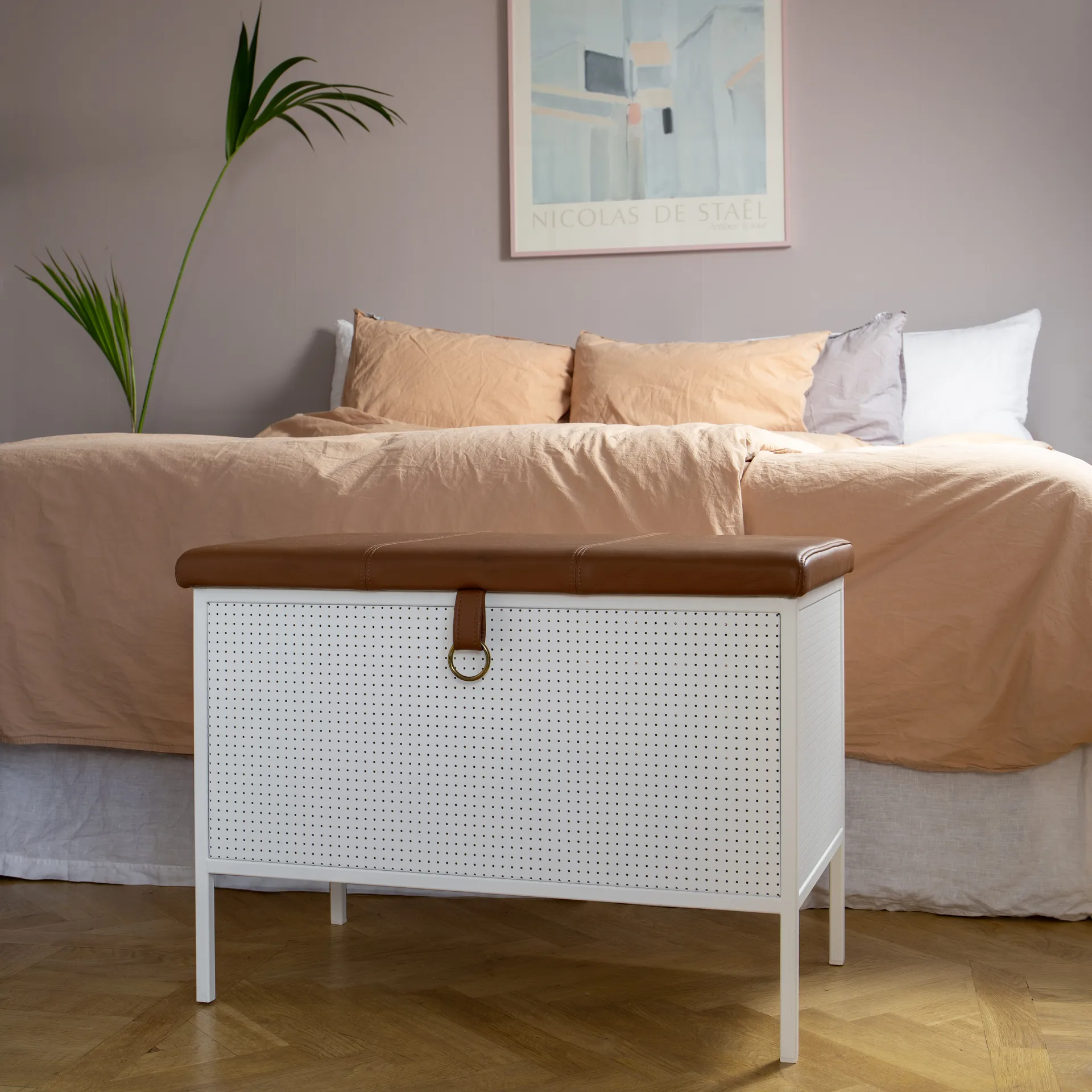 Banc de rangement Frank, Blanc-cognac Maze