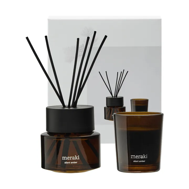 Coffret cadeau Meraki bâtonnets parfumés et bougie parfumée - Silent amber - Meraki