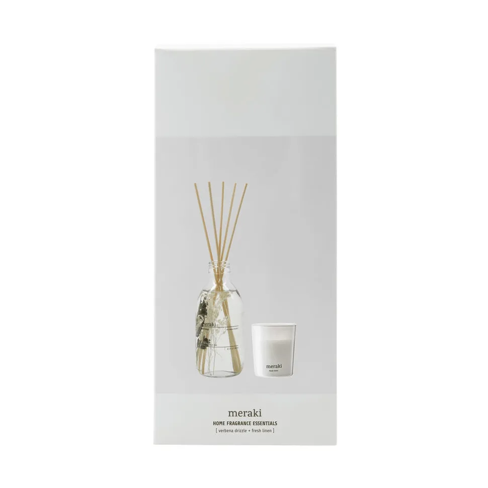 Coffret cadeau Meraki bâtonnets parfumés et bougie parfumée, Verbena drizzle-fresh linen Meraki