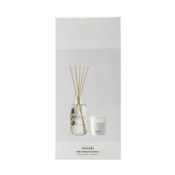 Coffret cadeau Meraki bâtonnets parfumés et bougie parfumée - Verbena drizzle-fresh linen - Meraki